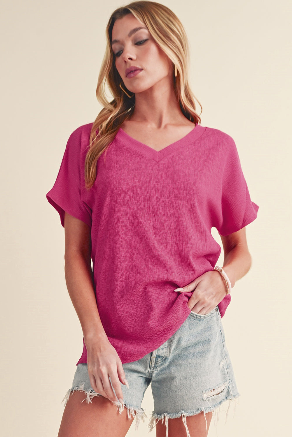 Bright Pink Basic Plain Textured V Neck T Shirt