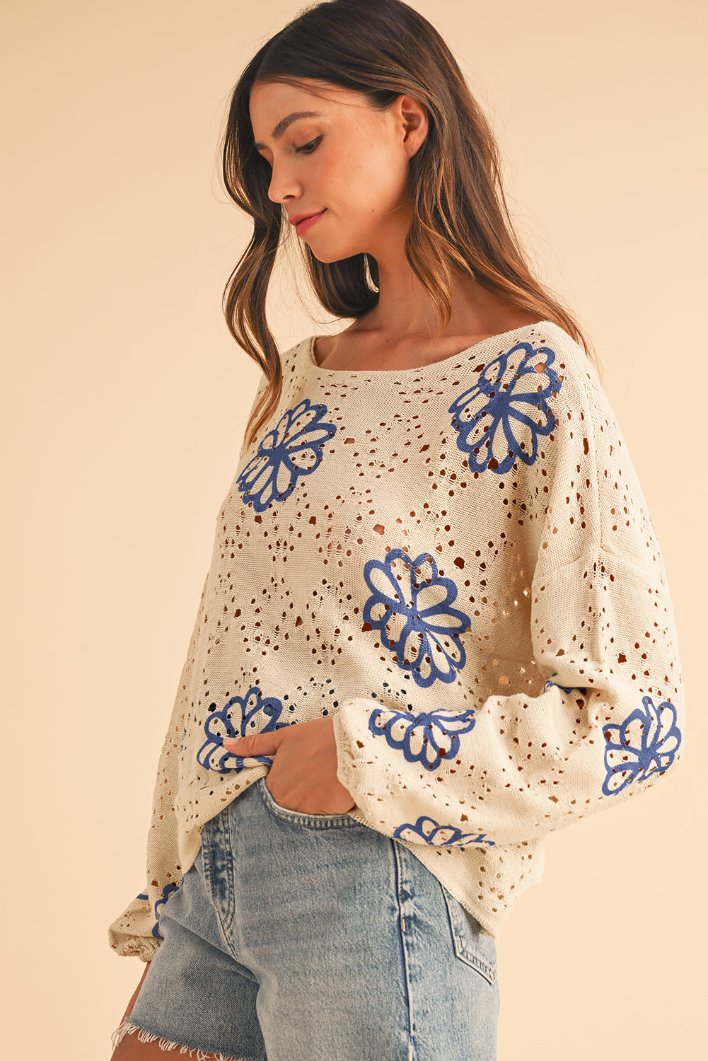 White Flower Print Drop Shoulder Hollow Knit Sweater