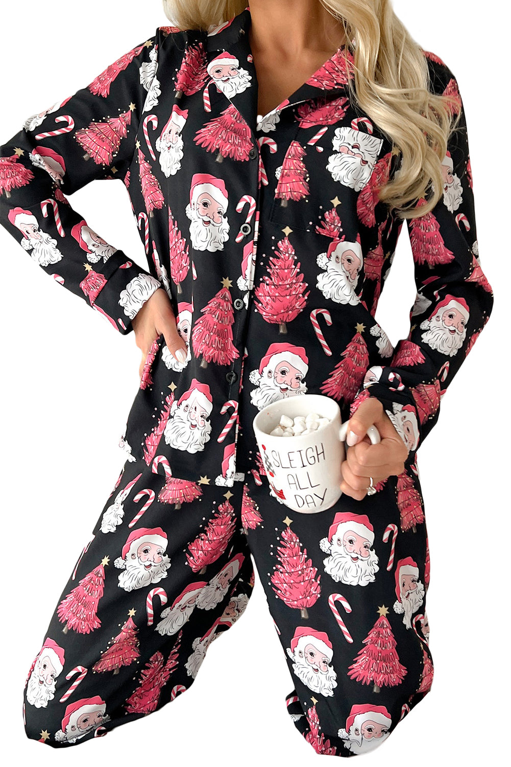 Black Christmas Santa Printed Two Piece Pajamas Set