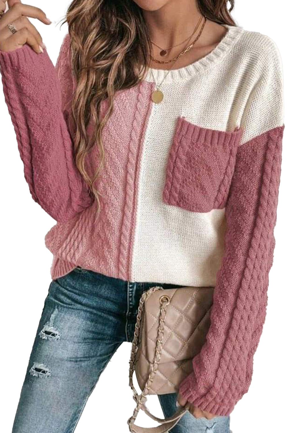 Rose Tan Colorblock Pocket Drop Shoulder Sweater