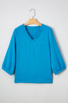 Moonlight Jade Frill V Neckline Puff Sleeve Crinkled Blouse