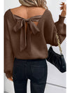 Coffee Lantern Sleeve V Neck Knot Back Sweater