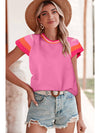 Bright Pink Contrast Sleeve Striped Round Neck Knitted Tee