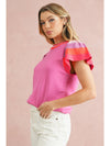 Bright Pink Contrast Sleeve Striped Round Neck Knitted Tee