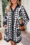 Black Abstract Print V Neck Puff Sleeve Mini Dress