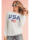 White USA Flag Print Ribbed Drop Shoulder Sweatshirt