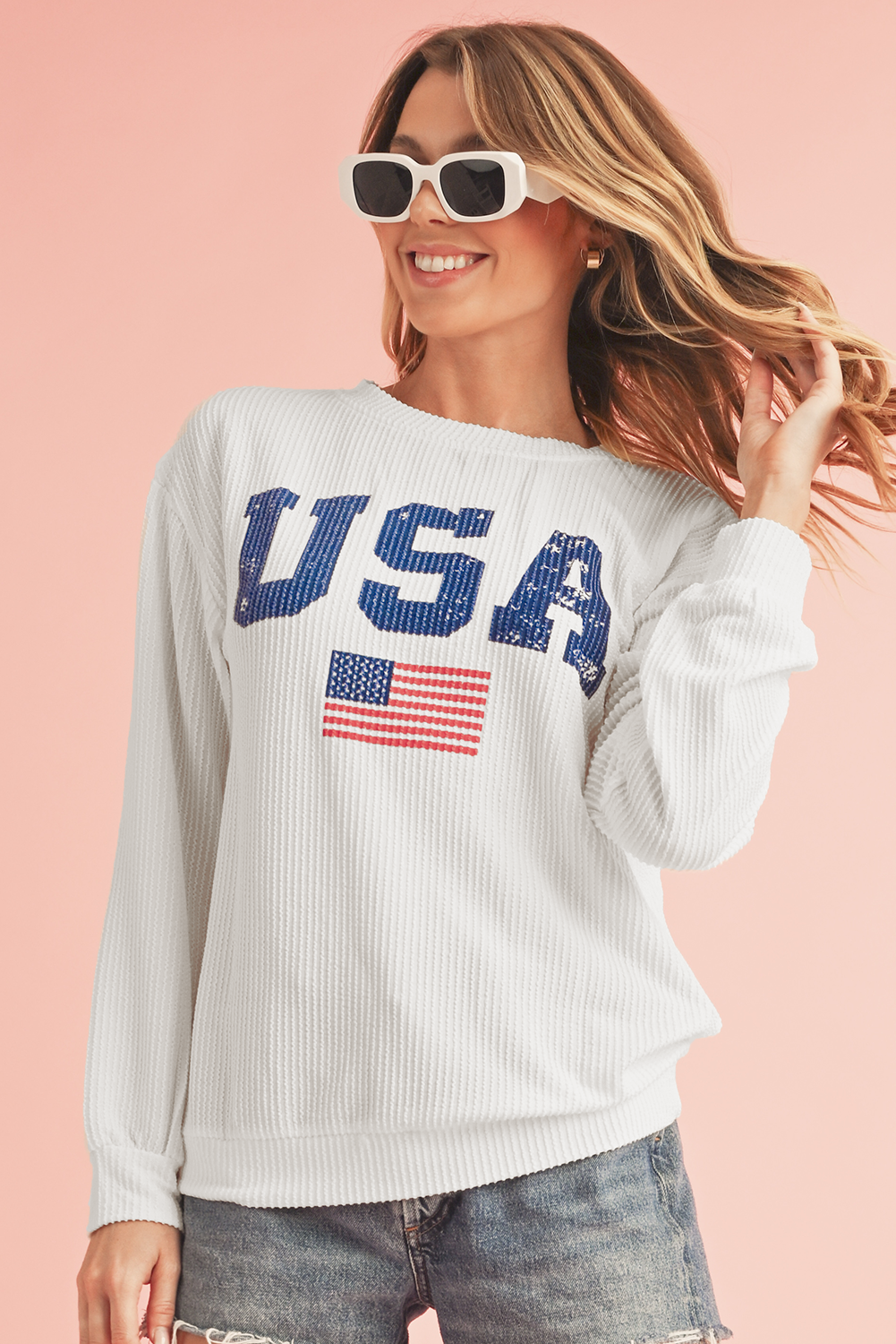 White USA Flag Print Ribbed Drop Shoulder Sweatshirt