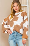 Khaki 60s Floral Pattern Ribbed Trim Pullover Sweater