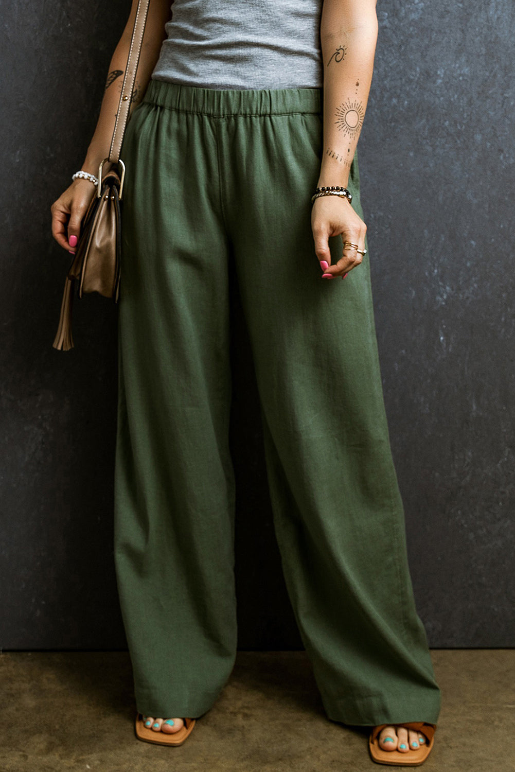 Fern Green Elastic Waist Plain Wide Leg Pants