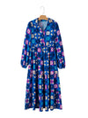 Blue Floral Peasant Sleeve Tiered Ruffle Midi Dress