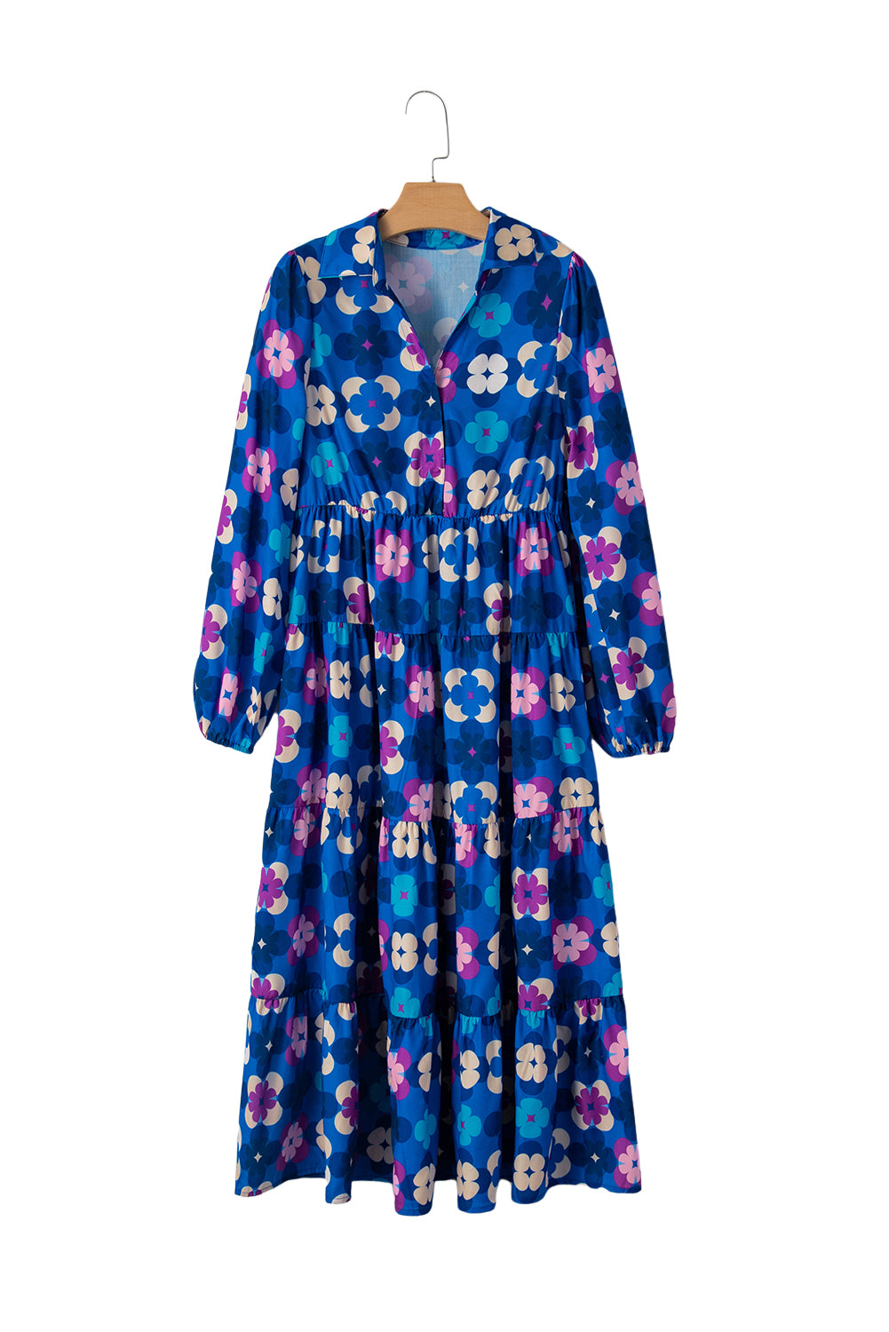 Blue Floral Peasant Sleeve Tiered Ruffle Midi Dress