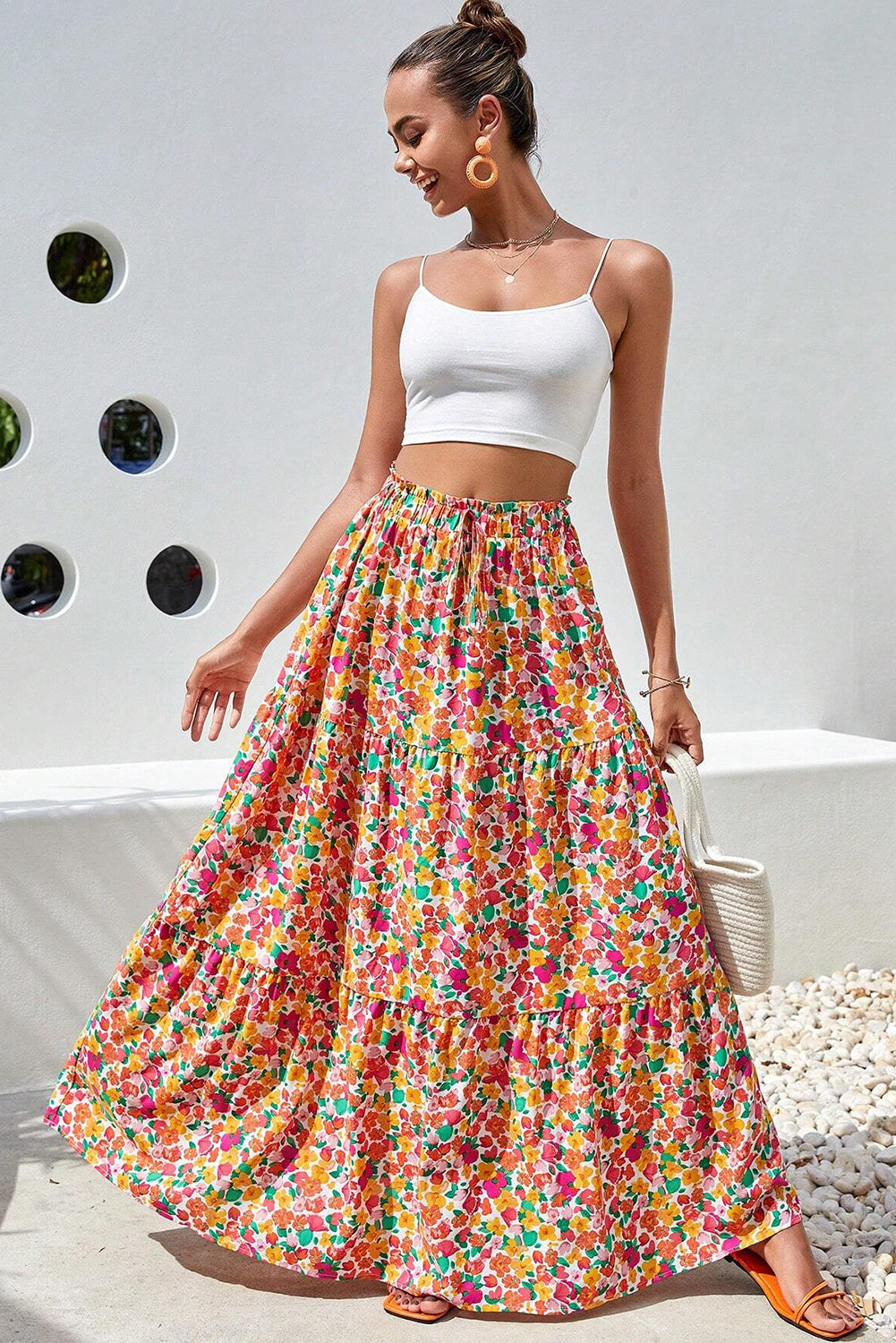 Yellow Boho Floral Print Tiered Maxi Skirt