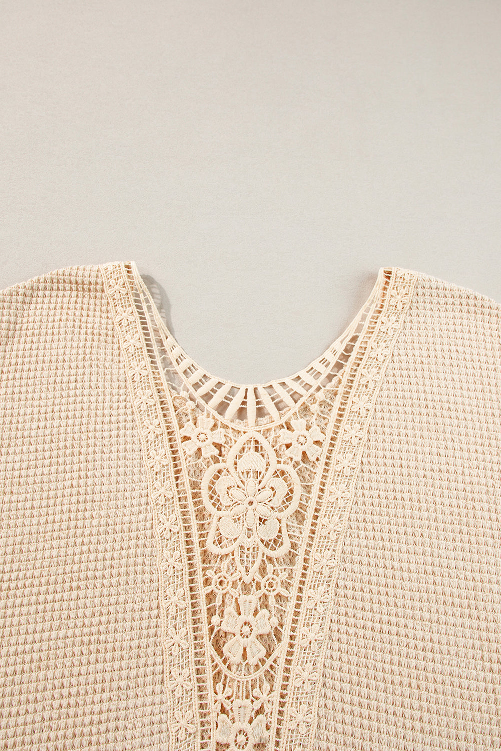 Beige Hollowed Lace Applique Plus Size Waffle T Shirt