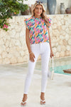 Rose Red Abstract Print Ruffled Flutter Shoulder Blouse