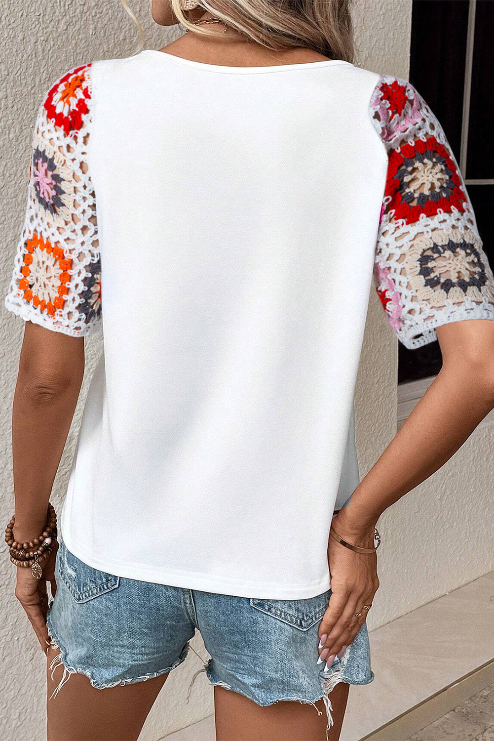 White Floral Hollowed Crochet Sleeve Boho T Shirt