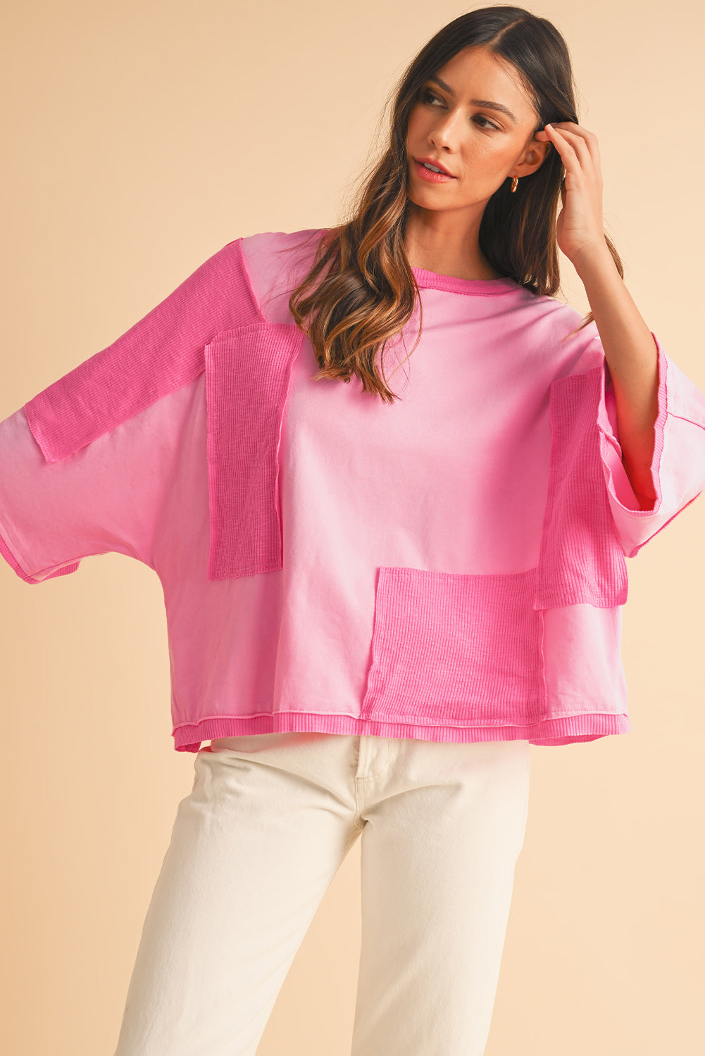 Pink Textured Patchwork 3/4 Sleeve Oversized Top