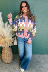Multicolour Checkered Pattern Button Front Knit Cardigan