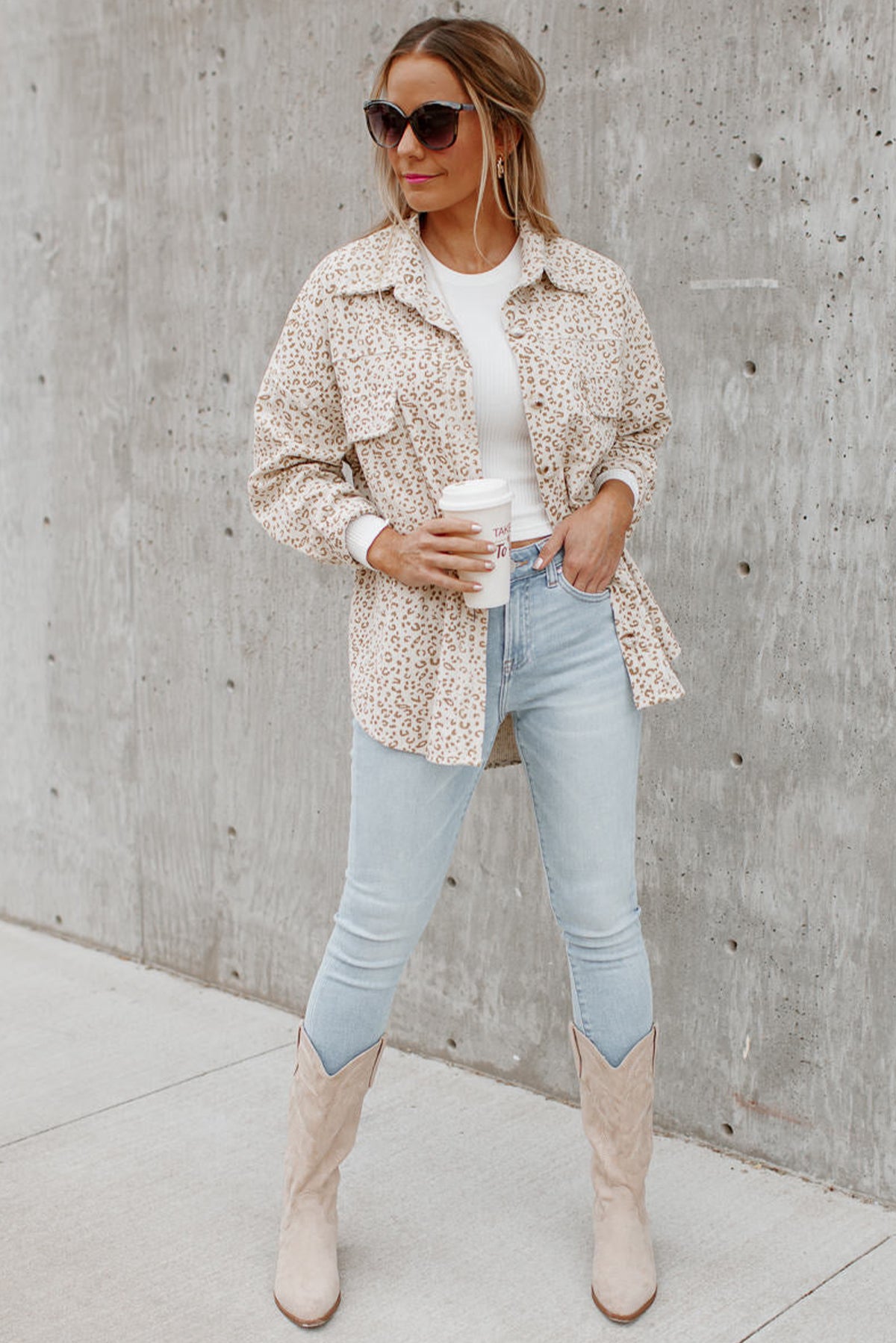 Beige Leopard Print Flap Pockets Buttoned Corduroy Shacket