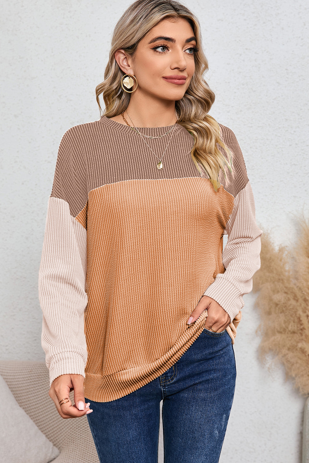 Red Color Block Ribbed Loose Long Sleeve Top