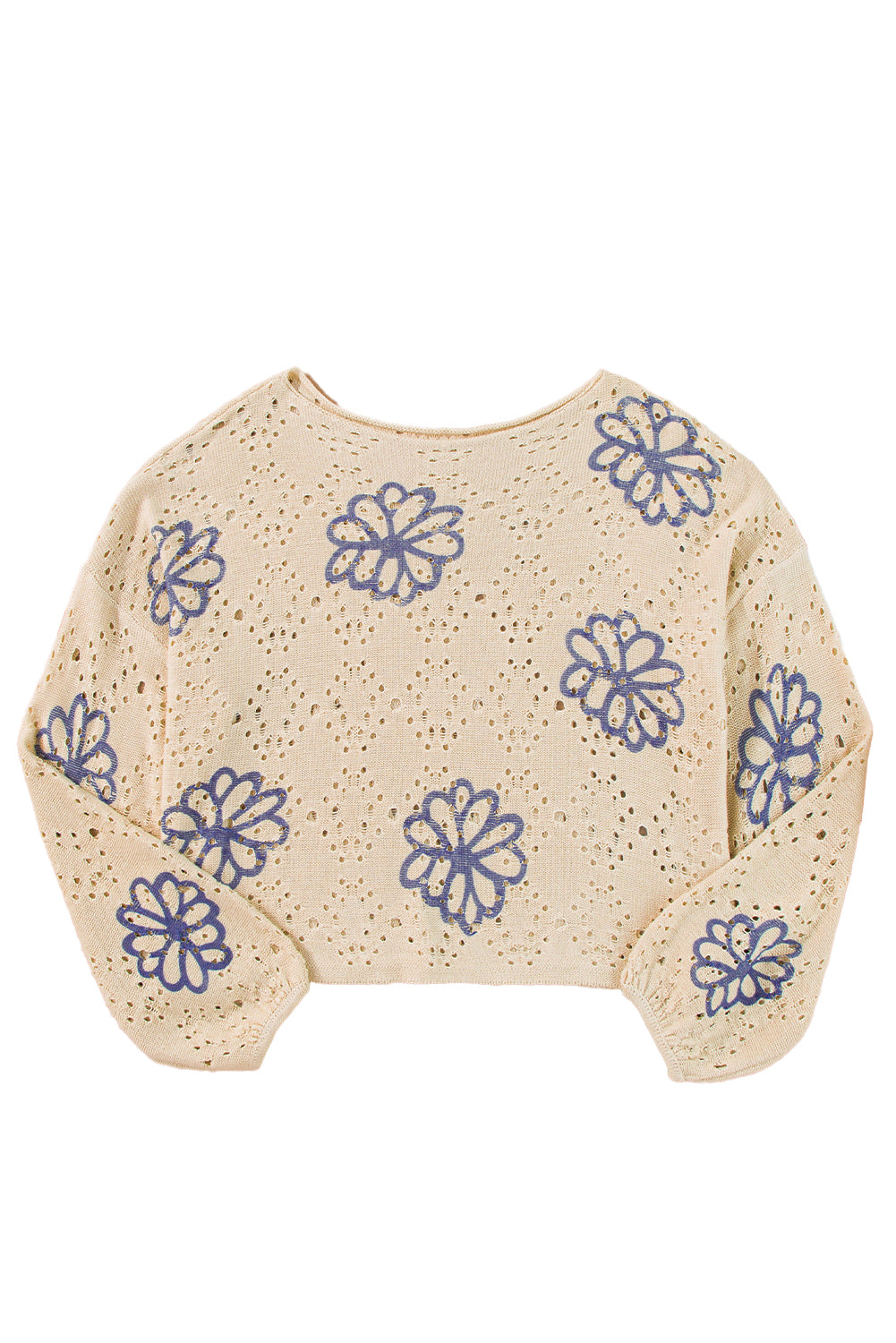 White Flower Print Drop Shoulder Hollow Knit Sweater