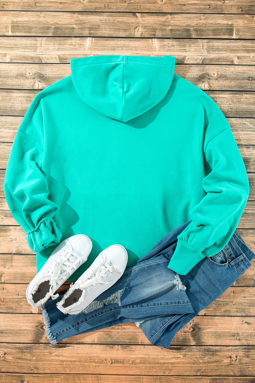 Smoke Green Half Zipper Kangaroo Pockets Drop Shoulder Hoodie