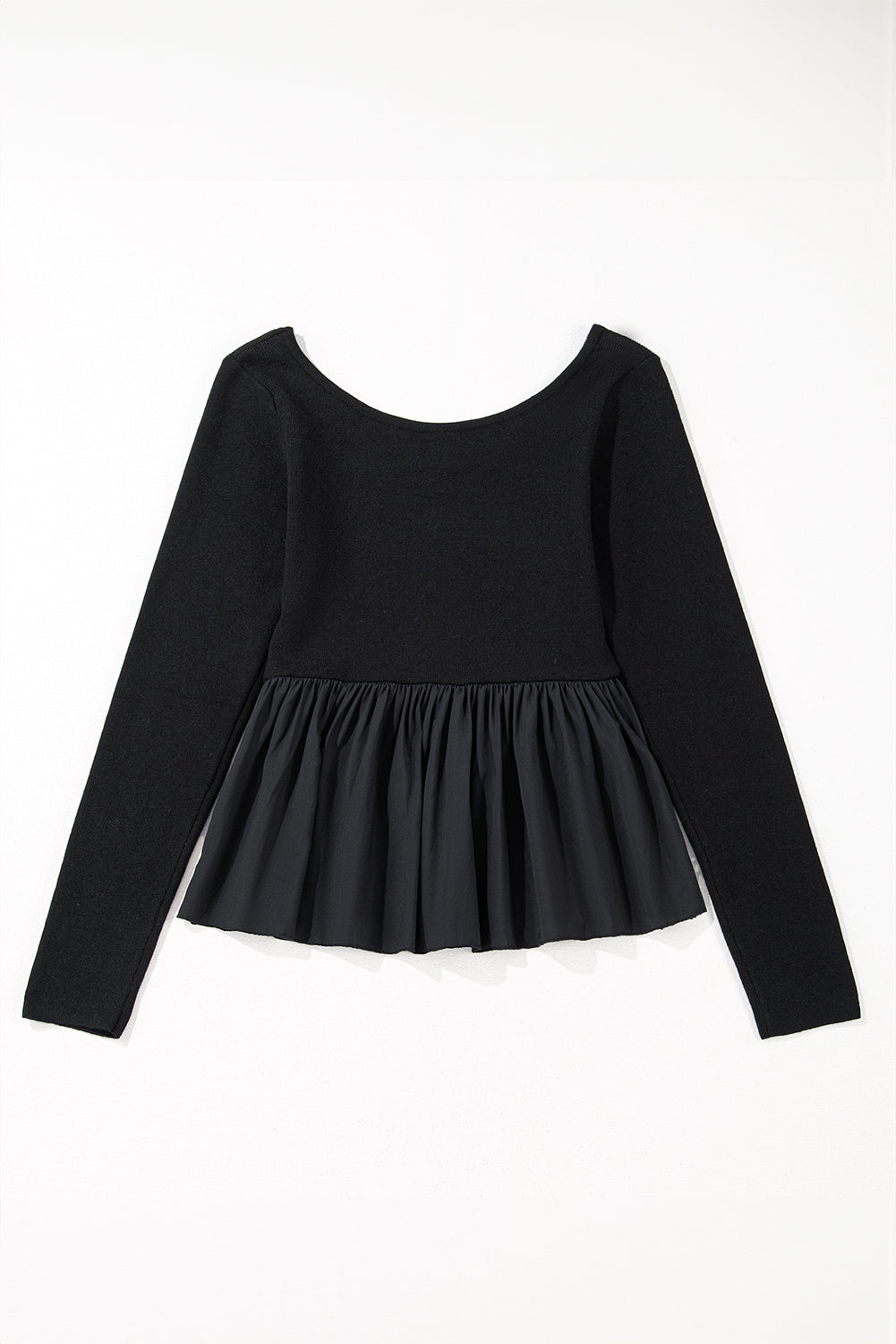 Black Pleated Hem Long Sleeve Ribbed Knit Top