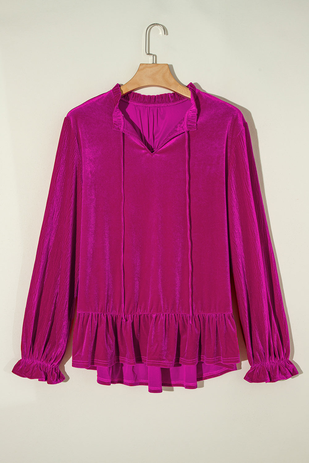 Bright Pink Plus Size Ruffled Sleeve V Neck Velvet Blouse