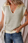 Beige Stripe Turn-down Collar Sleeveless Knitted Top