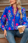 Blue Floral Print Pop Of Color V Neck Puff Sleeve Blouse