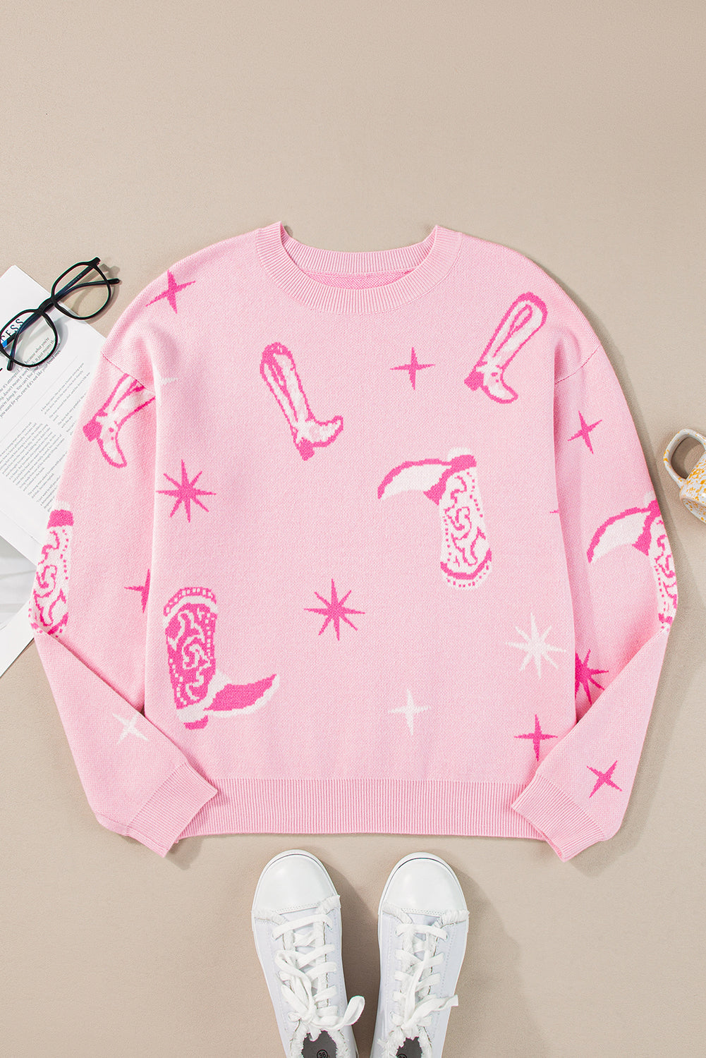 Pink Boots & Star Print Round Neck Sweater