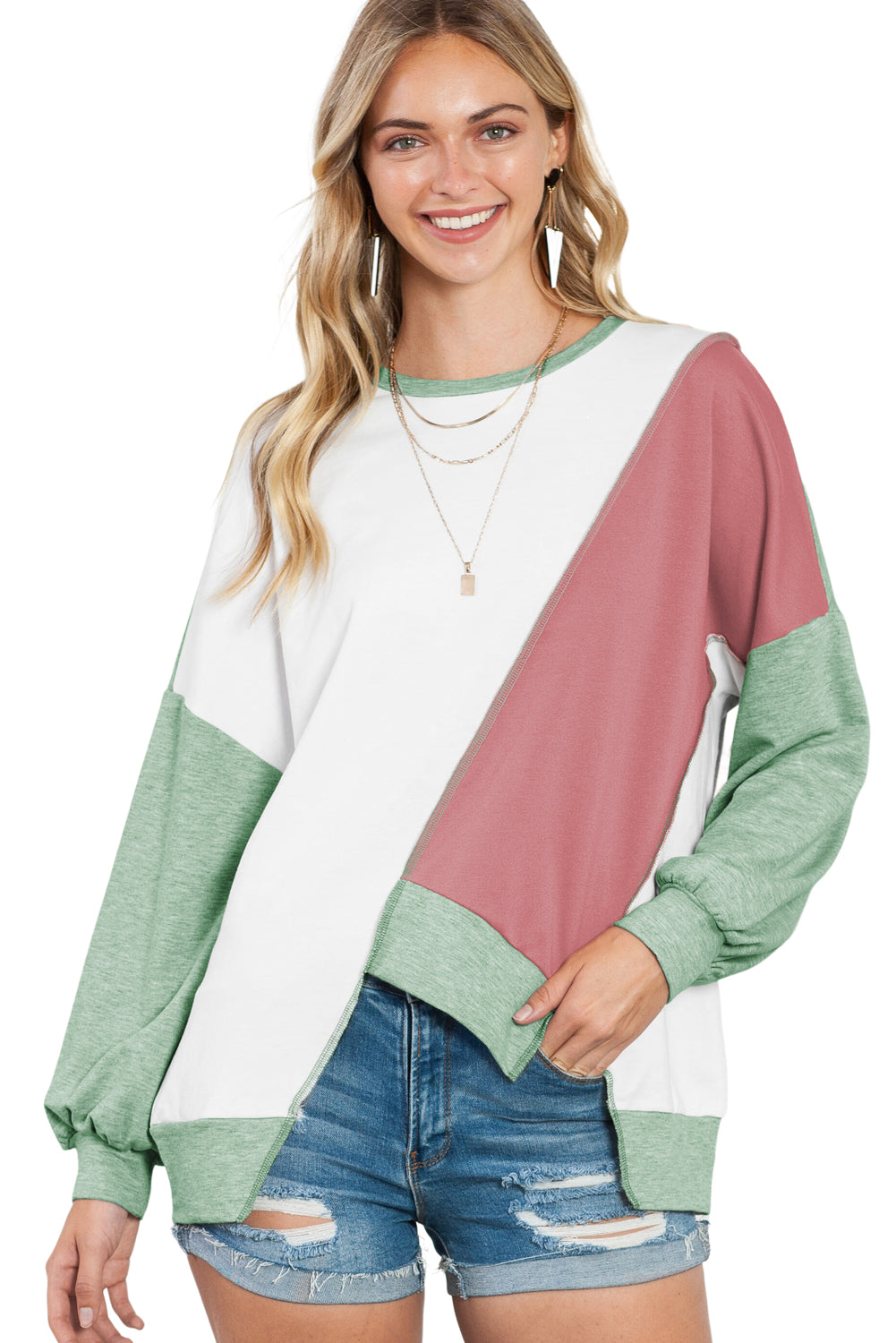 Khaki Colorblock Stitching Irregular Hem Long Sleeve Top