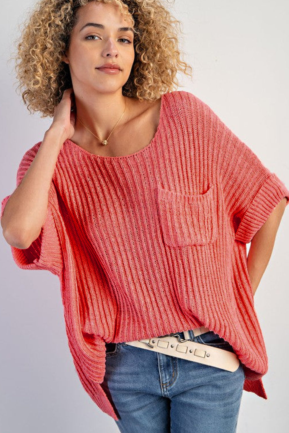 Fresh Salmon Short Sleeve Patched Pocket Split Baggy Knit Top