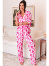 Pink Bow Knot Print Lapel Collar Short Sleeve and Pants Pajamas Set