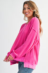 Strawberry Pink Twisted Ribbed Seamed Patchwork Long Sleeve Top