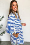 Blue Striped Collared Half Button Side Pockets Loose Fit Mini Dress