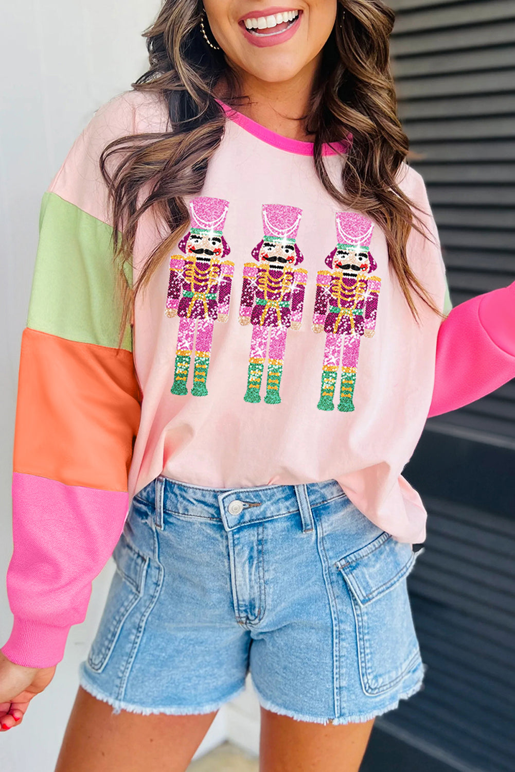 Pink Colorblock Nutcracker Print Graphic Sweatshirt