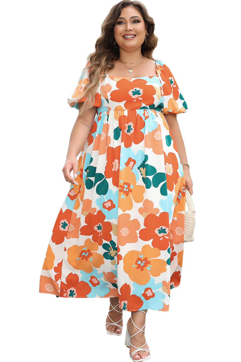 Orange Plus Size Floral Print Square Neck Maxi Dress