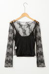 Black Mesh Crochet Splicing Slim Fit Long Sleeve Blouse