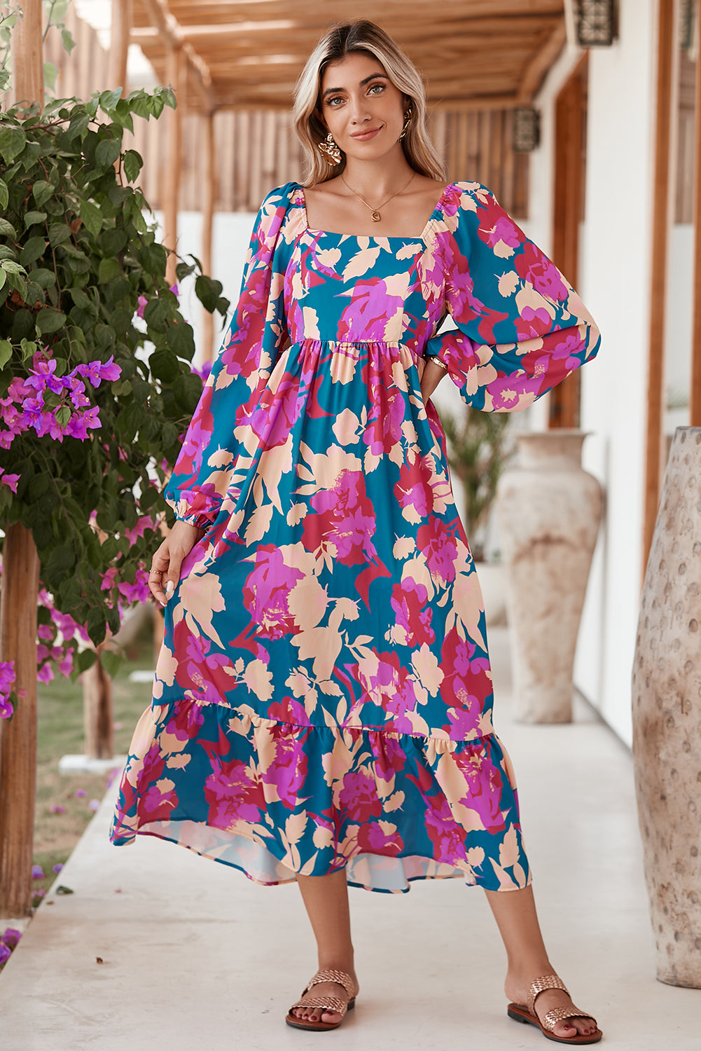 Multicolor Boho Floral Print Square Neck Ruffle Midi Dress