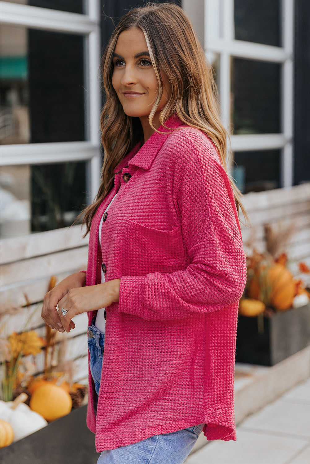 Hot Pink Pocket Buttons Front Waffle Knit Shacket