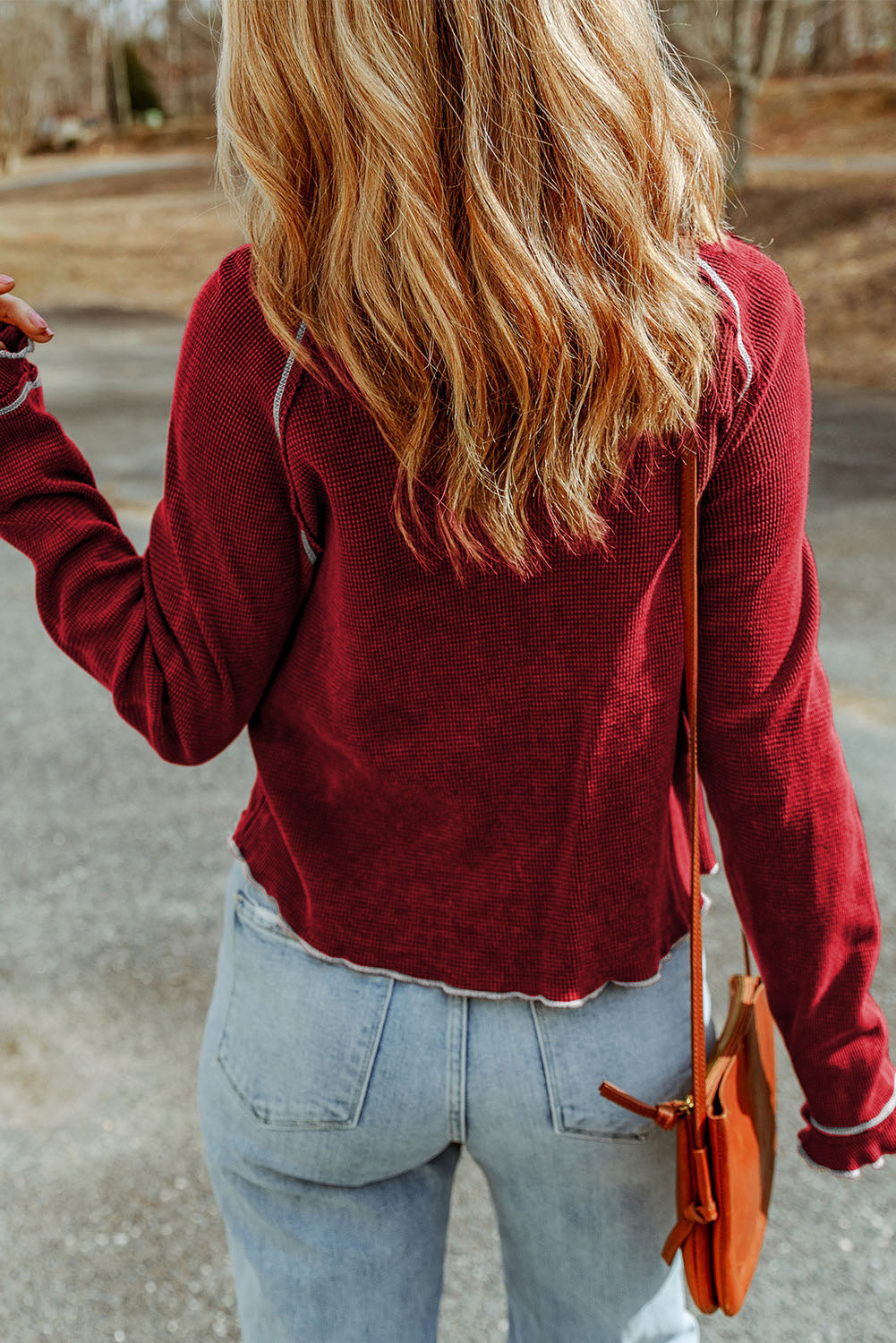 Brown Textured Crewneck Long Sleeve Top