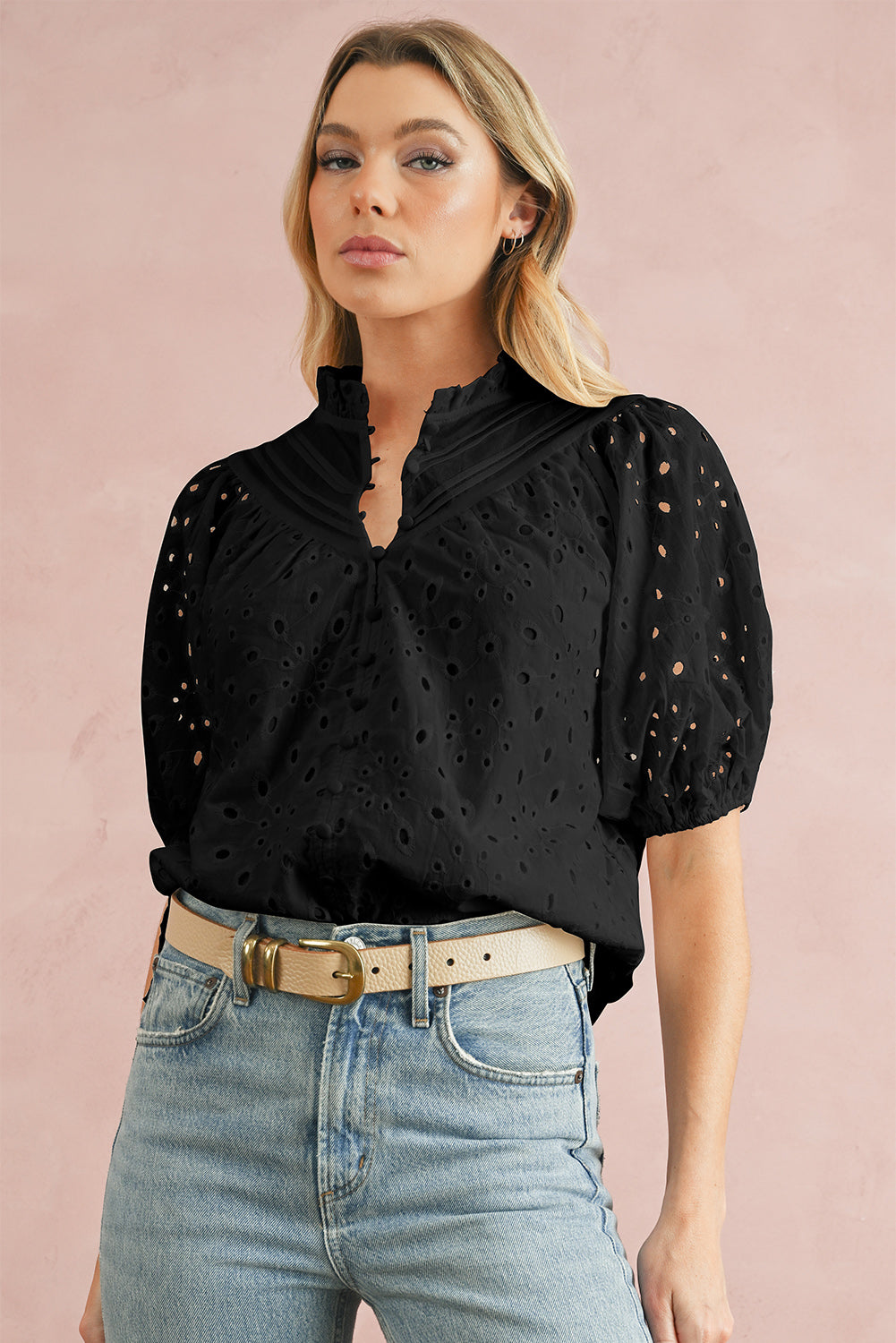 Bonbon Hollow-out Flower Embroidered Short Puff Sleeve Blouse