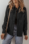 Black Flap Pocket Button Front Collared Denim Jacket