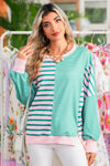 Green Stripe Colorblock Patchwork Side Split Sweatshirt