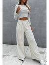 Beige Slim Fit Crop Top and Wide Leg Pants Set