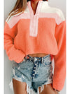 Orange Colorblock Zipper Stand Neck Sherpa Sweatshirt