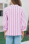 Rose Striped Button V Neck Raglan Sleeve Blouse