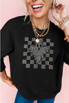 Black Rhinestone Checkered Halloween Ghost Drop Shoulder Sweatshirt