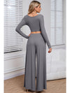 Black Plain Ribbed Crop Top & Wide Leg Pants Two Piece Pants Set