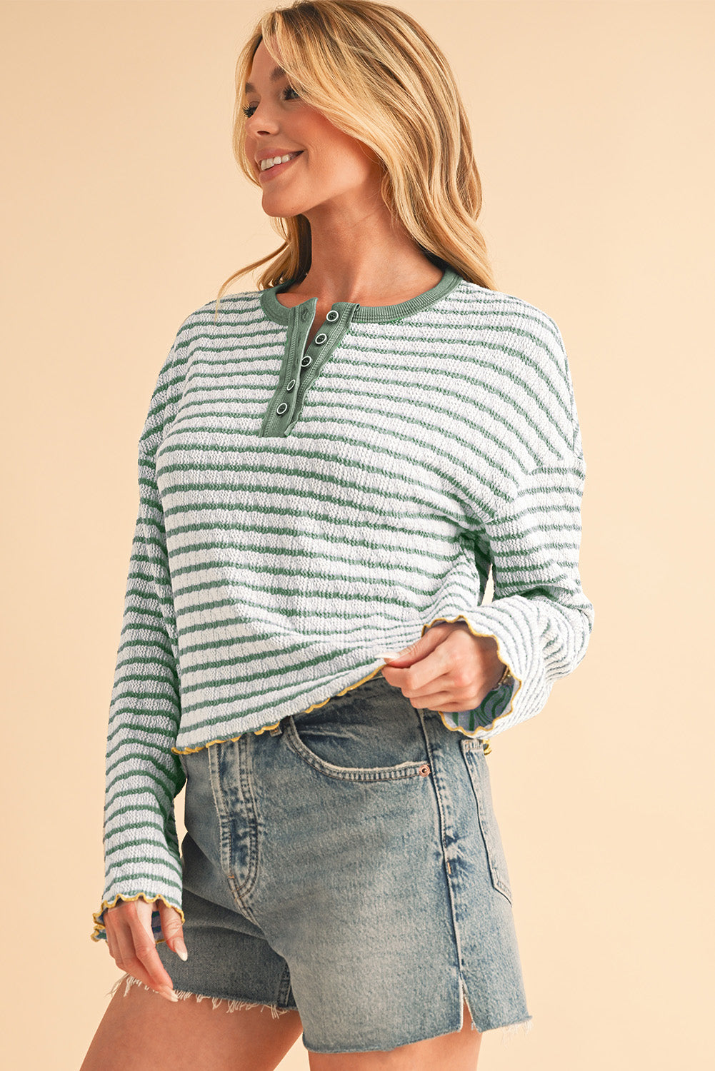 Sky Blue Stripe Textured Long Sleeve Henley Top